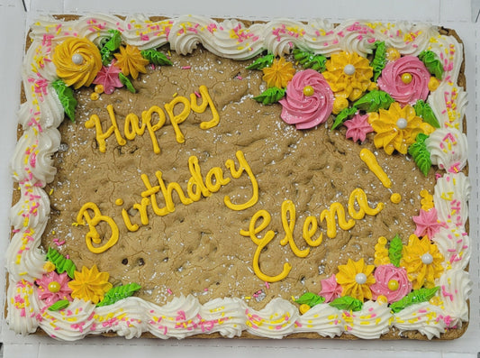 Half-Sheet Cookie Cake with yellow & pink Frosting