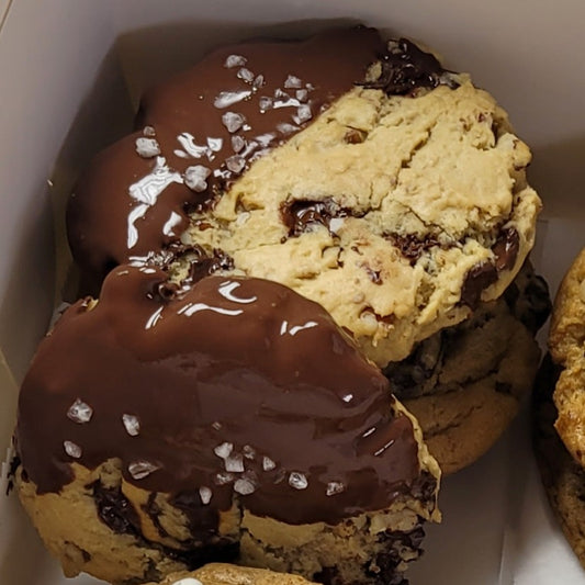 Chocolate-dipped cookies with a white background